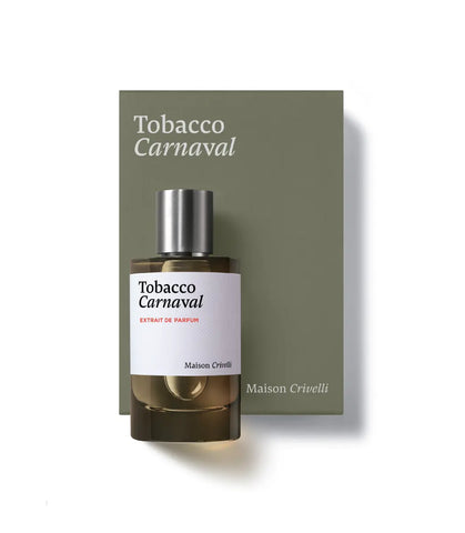 Maison Crivelli Tobacco Carnaval fragrance bottle next to matte olive green packaging box