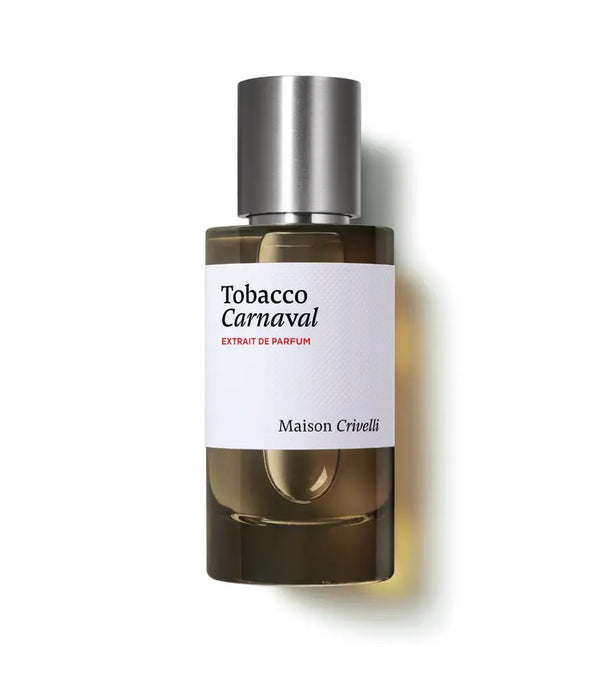 Front view of Maison Crivelli Tobacco Carnaval dark amber glass perfume bottle with brushed silver cap