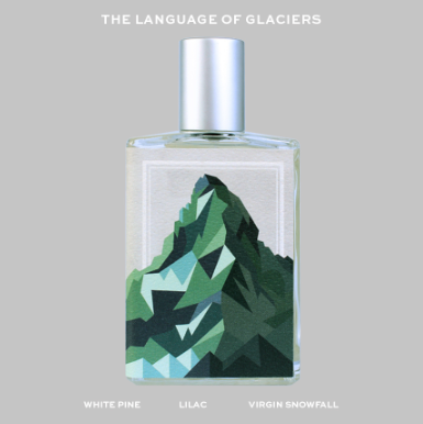 The Language of Glaciers by Imaginary Authors is presented in a glass perfume bottle adorned with a geometric mountain design on the label. The text "The Language of Glaciers" conjures the spirit of a romantic epic, while notes like "White Pine," "Lilac," and "Virgin Snowfall" suggest an enchanting moonlit snowshoe adventure awaiting discovery.