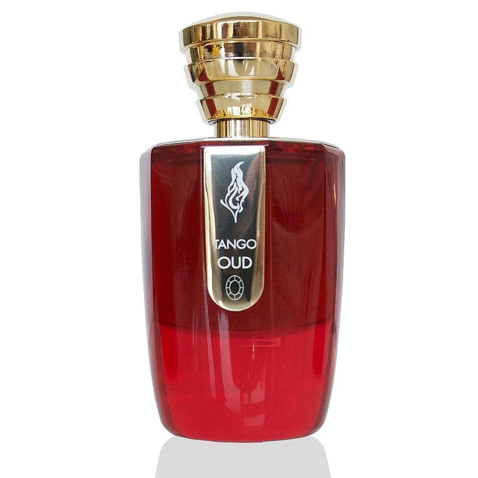 A red perfume bottle labeled "Tango Oud" by Masque Milano, adorned with a gold cap and accents, features a stylized flame logo on the front, capturing the essence of Aquilaria malaccensis.