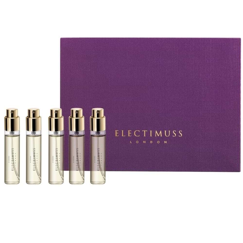 A purple box labeled "Electimuss" with five small bottles of perfume lined up beside it, offering the Electimuss To Choose the Best 5x10ml Discovery Set for luxury sensory experiences.
