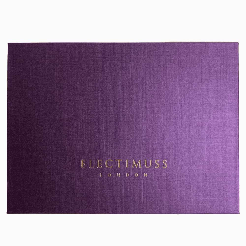 A textured purple box with "Electimuss To Choose the Best 5x10ml Discovery Set by Electimuss" written in gold letters on the front, offering a taste of luxury sensory experiences.