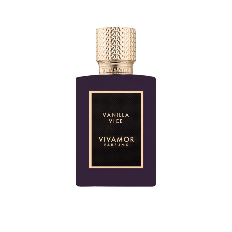A rectangular bottle of VIVAMOR Parfums "Vanilla Vice" perfume, featuring a textured gold cap and a black label with gold text, enhanced by the warm allure of Tonka Bean.