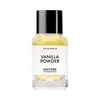 A bottle of VANILLA POWDER labeled "Vanilla Powder" by Matiere Premiere, featuring a clear glass container with a black cap and white label, enriched with subtle hints of musk.