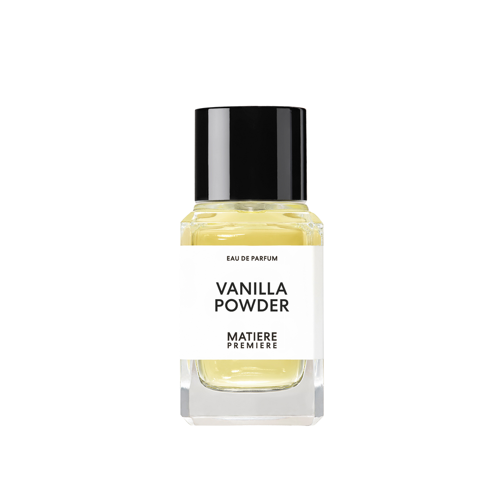 A bottle of Matiere Premiere VANILLA POWDER with a black cap and a clear glass container revealing a light yellow liquid inside, enriched with subtle hints of musk.