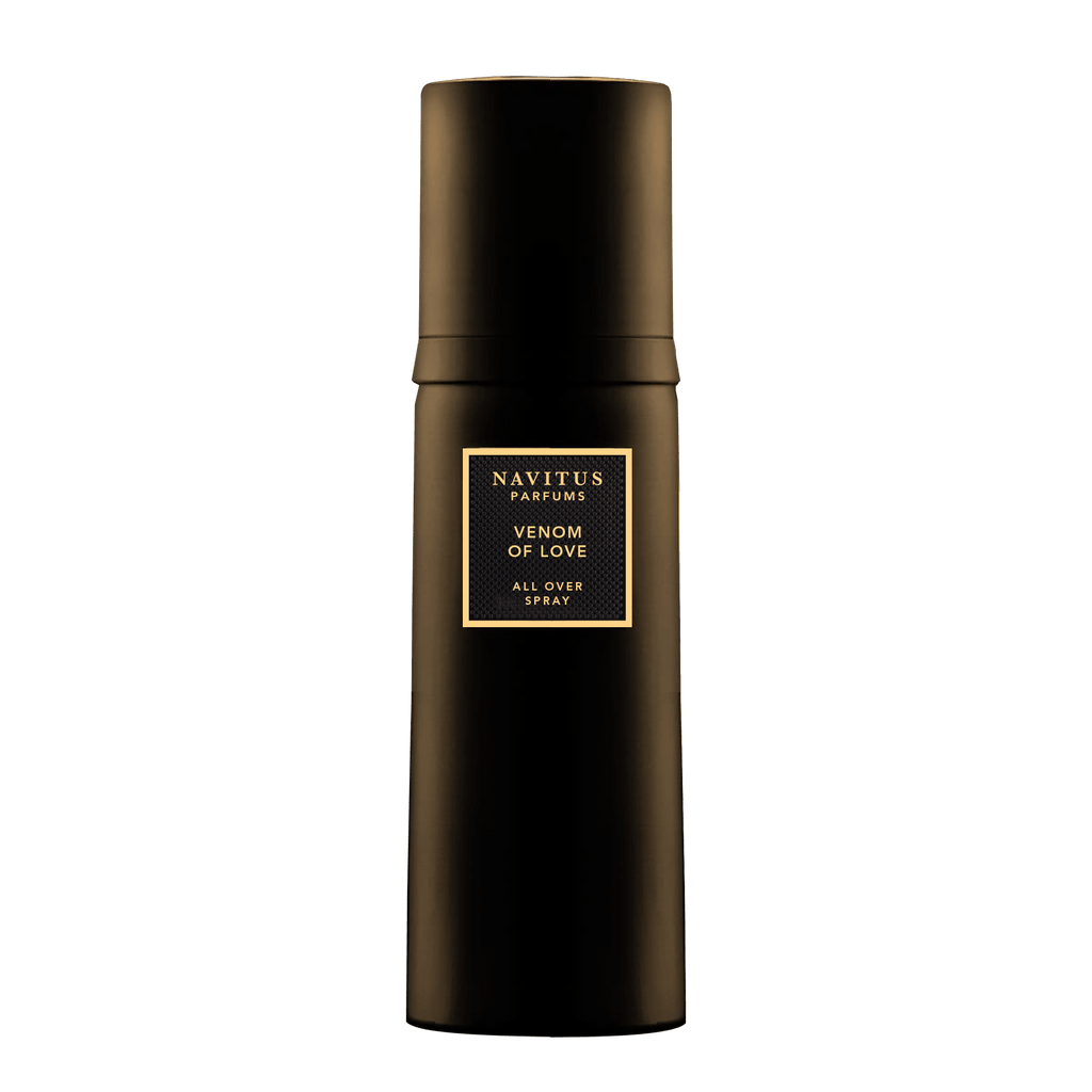 Black cylindrical spray bottle labeled "Venom Of Love All Over Spray Extrait De Parfum" from Navitus Parfums, crafted by Master Perfumer Sidonie Lancesseur.