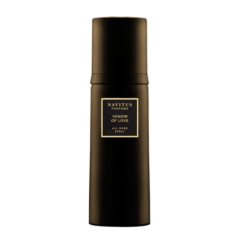 Black cylindrical spray bottle labeled "Venom Of Love All Over Spray Extrait De Parfum" from Navitus Parfums, crafted by Master Perfumer Sidonie Lancesseur.