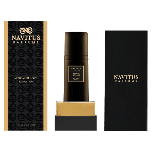 Image of Navitus Parfums' Venom Of Love Extrait De Parfum, crafted by Master Perfumer Sidonie Lancesseur. The fragrance is showcased in an elegant black and gold bottle, perfectly positioned between its matching packaging box and lid.