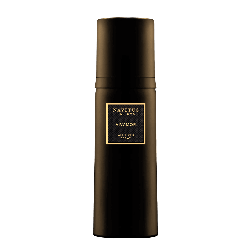 A black cylindrical bottle labeled "NAVITUS PARFUMS VIVAMOR ALL OVER SPRAY" captures the essence of Vivamor by Navitus Parfums, a celebration of life and love.