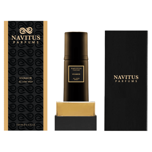 A black Vivamor all-over spray bottle by Navitus Parfums is displayed alongside its predominantly black packaging adorned with gold and white text. The fragrance notes encapsulate a celebration of life and love, making every spritz truly special.