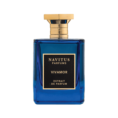 A blue bottle of Navitus Parfums Vivamor, with a gold cap and a black label featuring gold text, captures the essence of fragrance notes in a celebration of life and love.