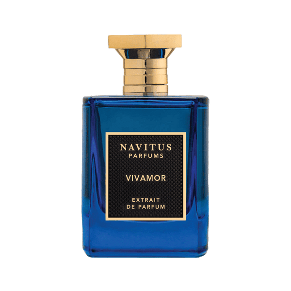 A blue bottle of Navitus Parfums Vivamor, with a gold cap and a black label featuring gold text, captures the essence of fragrance notes in a celebration of life and love.