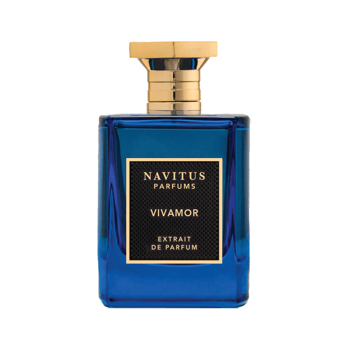 A blue bottle of Navitus Parfums Vivamor, with a gold cap and a black label featuring gold text, captures the essence of fragrance notes in a celebration of life and love.