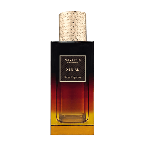 Amber perfume bottle with black label and gold patterned cap