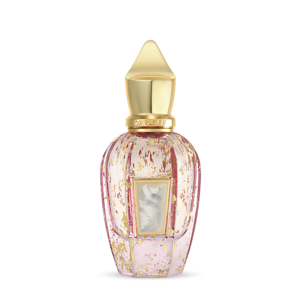 A decorative perfume bottle named Elle Anniversary by Xerjoff, featuring a gold cap and an intricate marbled design, with a gold label in the center.