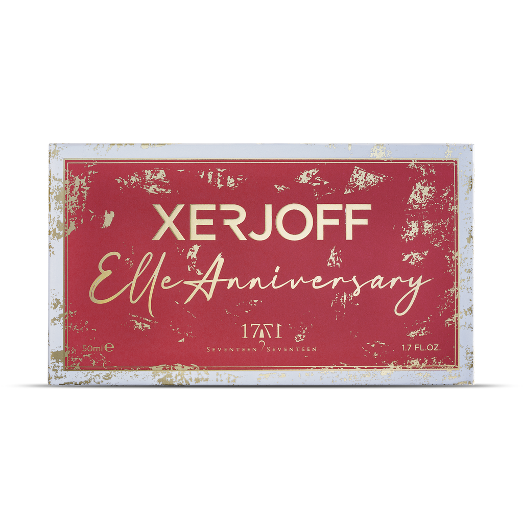 A rectangular box of Xerjoff's Elle Anniversary perfume, 1.7 fl. oz., featuring primarily red packaging with gold accents and text.