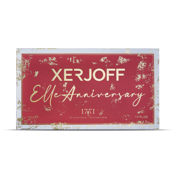 A rectangular box of Xerjoff's Elle Anniversary perfume, 1.7 fl. oz., featuring primarily red packaging with gold accents and text.