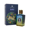 A bottle of Zoologist's Rabbit is placed next to its box, both featuring an illustration of a rabbit surrounded by foliage, with notes of green vegetable leaves accord giving it a fresh and earthy essence.