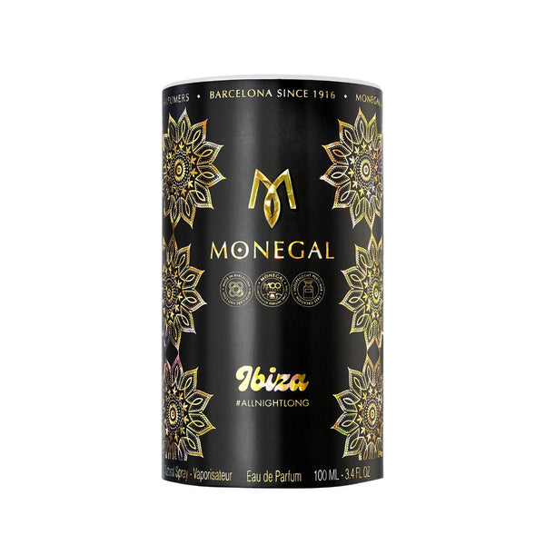 AllNightLong eau de parfum bottle, dark with gold mandala graphics and '#ALLNIGHTLONG' label