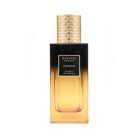 Extrait de parfum bottle with amber glass and black gold label