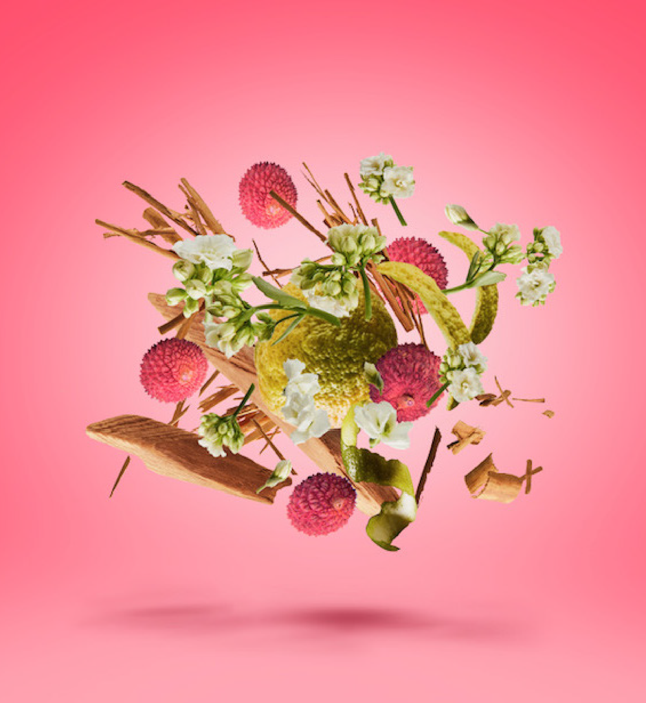 Elle Anniversary by Xerjoff offers a captivating composition of assorted flowers, fruits, and plant materials beautifully set against a gradient pink background.