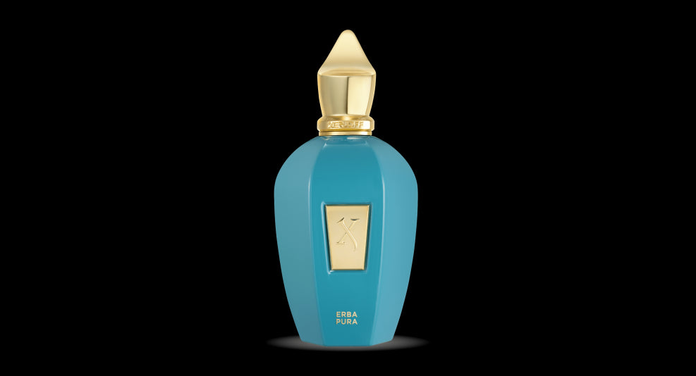 A blue perfume bottle with a gold cap, labeled "Erba Pura" by Xerjoff and featuring a central gold emblem, set against a black background, hints at the essence of a Mediterranean fruit basket.