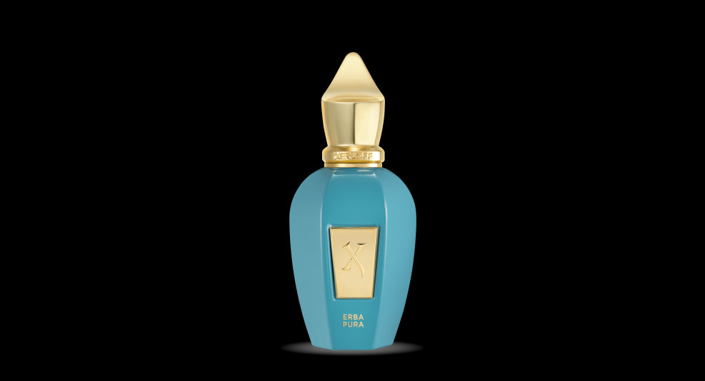 A turquoise and gold perfume bottle labeled "Erba Pura" by Xerjoff with a pointed gold cap, set against a black background, evokes the essence of a Mediterranean fruit basket infused with hints of white musk.