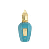 A turquoise and gold perfume bottle labeled "Erba Pura" by Xerjoff with a pointed gold cap, set against a black background, evokes the essence of a Mediterranean fruit basket infused with hints of white musk.