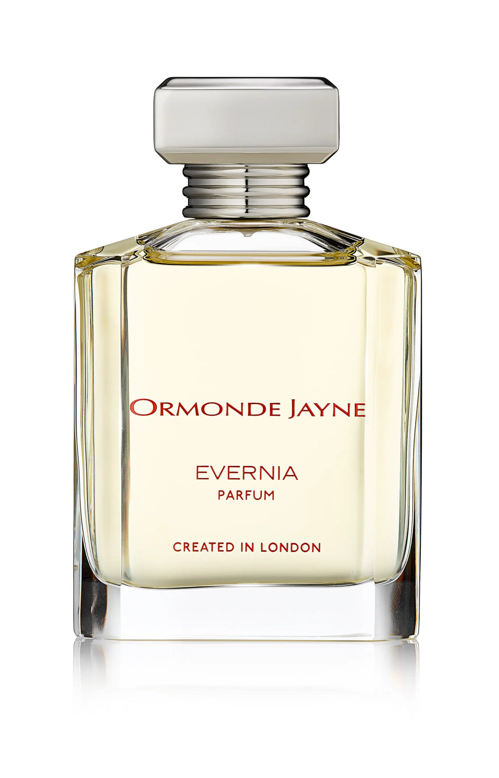 A clear glass bottle of Ormonde Jayne Evernia Parfum, adorned with a silver cap. The label states, "Ormonde Jayne Evernia Parfum, Created in London." This gender-free fragrance epitomizes sophistication.
