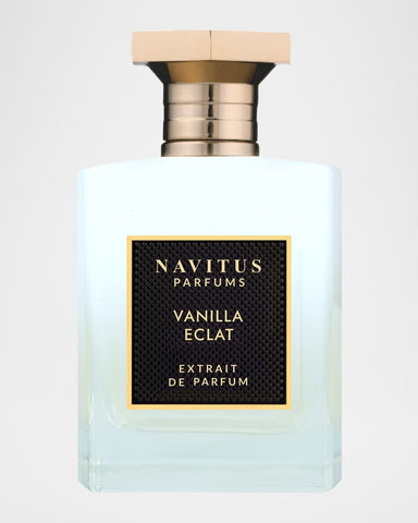 Vanilla Eclat extrait de parfum bottle, front view, black label with gold trim