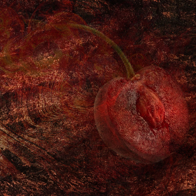 A single red cherry with a stem against a textured, dark red and brown background, reminiscent of rich Cherrywood by Ikiryo.
