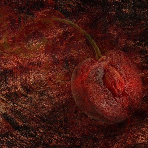 A single red cherry with a stem against a textured, dark red and brown background, reminiscent of rich Cherrywood by Ikiryo.
