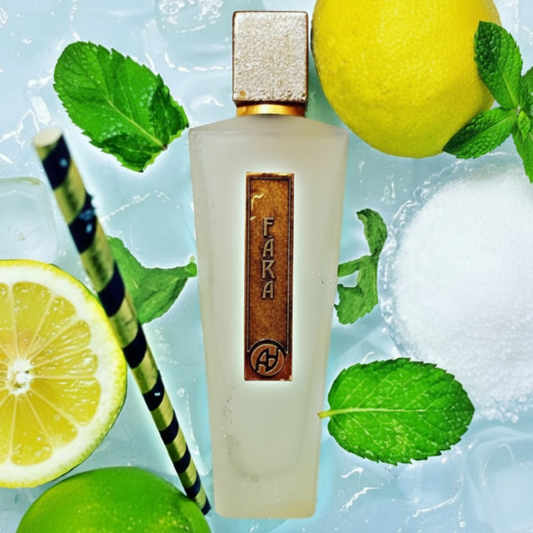 A frosted bottle of Antonio Alessandria's Fara fragrance is surrounded by a lemon, mint leaves, and a striped stick, all set against a light green background, highlighting its refreshing citrus mint scent.