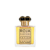 A rectangular glass bottle of Fetish Parfum Pour Homme 50ml by Roja Parfums, featuring a golden cap and filled with amber-colored liquid, exuding the extreme strength of a Leather perfume.