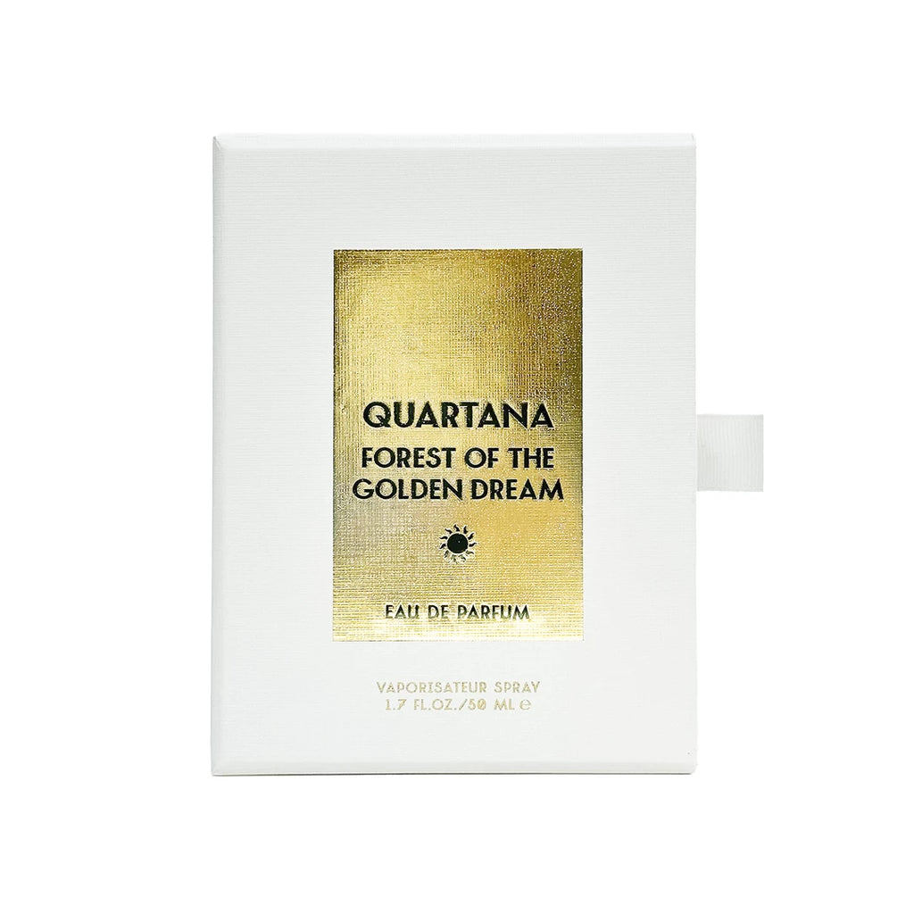 White box with a gold label displaying the text "Parfums Quartana Forest of the Golden Dream Eau de Parfum Vaporisateur Spray 1.7 fl. oz./50 mL," infused with the enchanting aroma of French Mimosa Absolute.