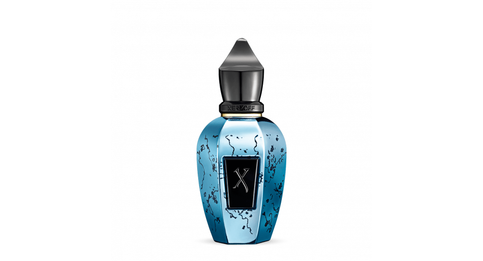 A blue and black perfume bottle with a metallic sheen and abstract design, featuring a pointed black cap and a logo labeled "Groove Xcape" on the front, embodies the essence of Xerjoff perfumes' precious ingredients.