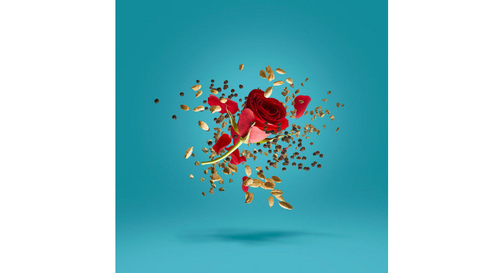 A red rose surrounded by floating petals and gold flakes on a turquoise background evokes the luxurious essence of Groove Xcape by Xerjoff, embodying their use of precious ingredients.