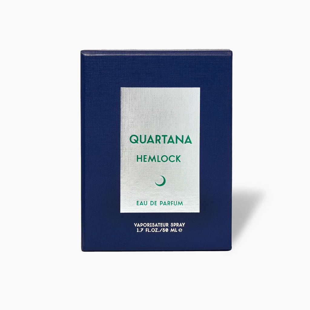 Dark blue rectangular perfume box with the label "Parfums Quartana Hemlock Eau de Parfum Vaporisateur Spray 1.7 fl. oz. / 56 ml" on the front, showcasing an exquisite fragrance within.