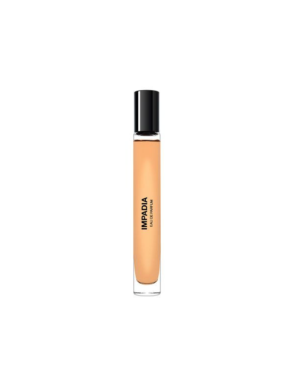 Beige perfume tube-style bottle with black cap and vertical label