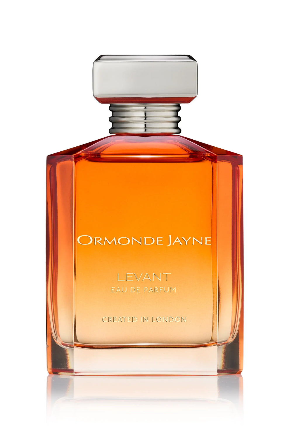 A rectangular glass bottle of Levant by Ormonde Jayne, featuring a silver cap and filled with amber-colored liquid. The text on the bottle reads "Ormonde Jayne, LEVANT, Eau De Parfum, Created in London." This fragrance boasts notes of orange blossom and jasmine.