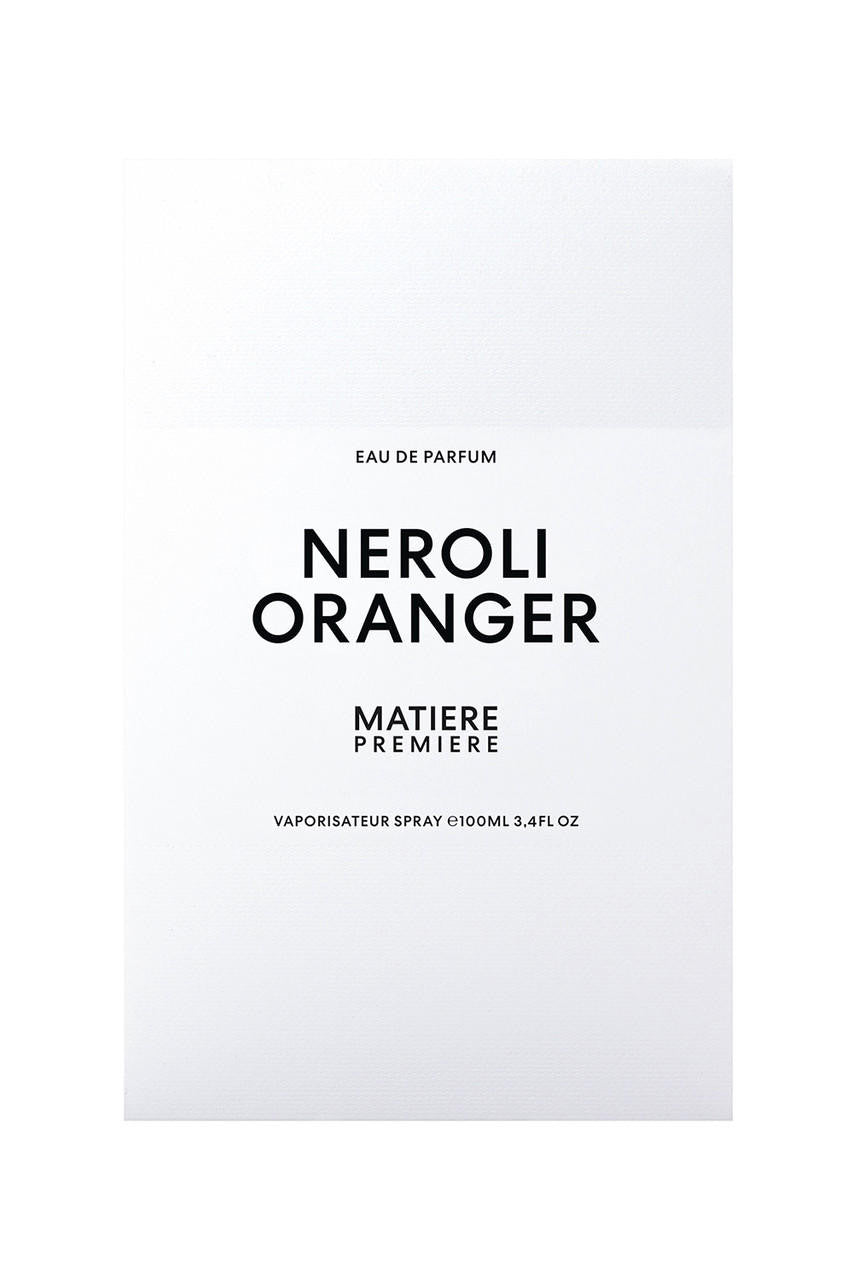 Image of a perfume box with the text "NEROLI ORANGER, Matiere Premiere, Eau de Parfum, Vaporisateur Spray 100ml 3.4 FL OZ" on a white background. The scent blends the enchanting aroma of orange blossom with delicate neroli oil for an exquisite fragrance experience.