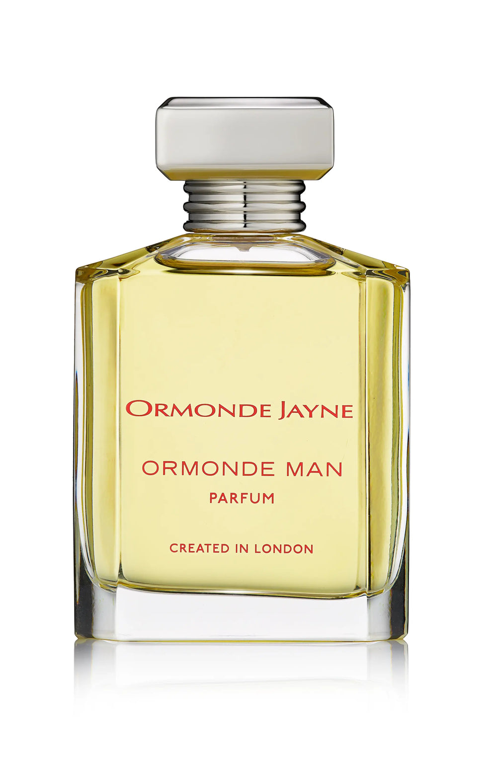 A bottle of Ormonde Jayne's Ormonde Man Parfum features a hexagonal cap and contains a yellow liquid. The label reads: "Ormonde Jayne," "Ormonde Man," "Parfum," and "Created in London." This sophisticated fragrance boasts parfum strength enriched with hints of Oudh oil.