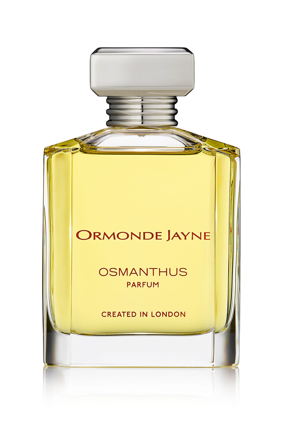 A glass bottle of Osmanthus Parfum by Ormonde Jayne, featuring a silver cap, filled with yellow liquid, and labeled "Created in London," capturing the essence of fruity floral notes and Japanese Osmanthus.
