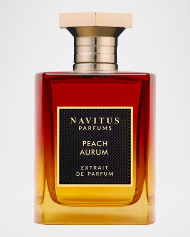 Extrait de parfum bottle, square red-to-amber glass with gold spray top