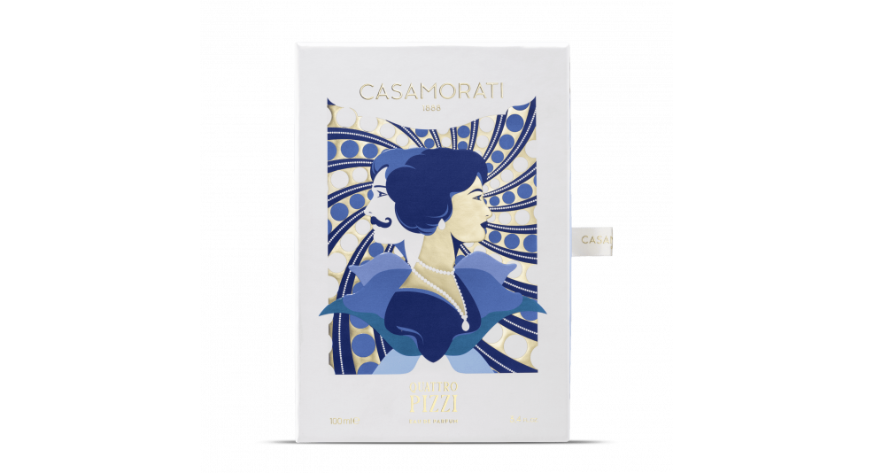 A perfume box with intricate blue and gold artwork featuring a profile of a woman in an elegant dress. The brand name "Casamorati" and the perfume name "Quattro Pizzi" are displayed on the box, showcasing its exquisite olfactory notes.