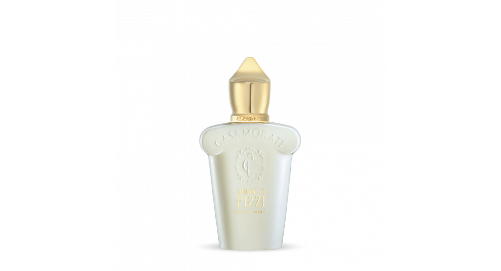 A white perfume bottle with a gold cap. The bottle has elegant curves and features the word "Casamorati" at the top and "Quattro Pizzi" underneath, hinting at its enchanting summer scent.