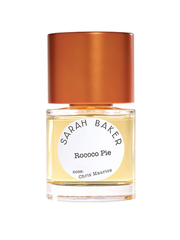 Rococo Pie perfume bottle with amber-orange cap and glass fragrance vial