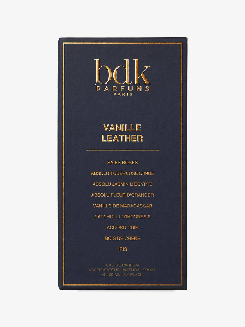 A dark navy box of BDK Parfums' Vanille Leather features gold text detailing the fragrance notes, including vanilla from Madagascar, patchouli, tuberose jasmine, and other elements.