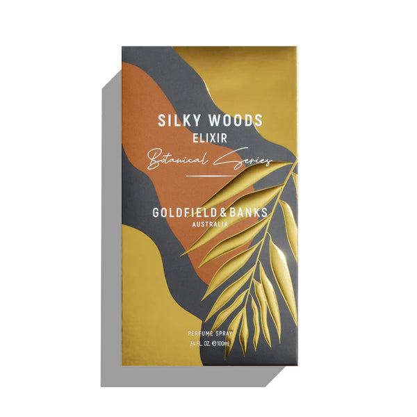 Packaging of Goldfield & Banks Silky Woods Elixir perfume spray, 3.4 fl. oz., featuring an exotic botanical blend with a hint of agarwood.