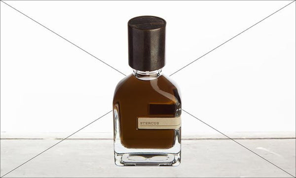 A glass bottle of dark brown fragrance with a black cap and a label that reads "Stercus." This exquisite product from Orto Parisi is placed on a light-colored surface against a white background.